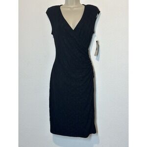 New Chaps Black Lace Ruched Faux‎ Wrap  Evening Dress Womens 10 Cocktail Event